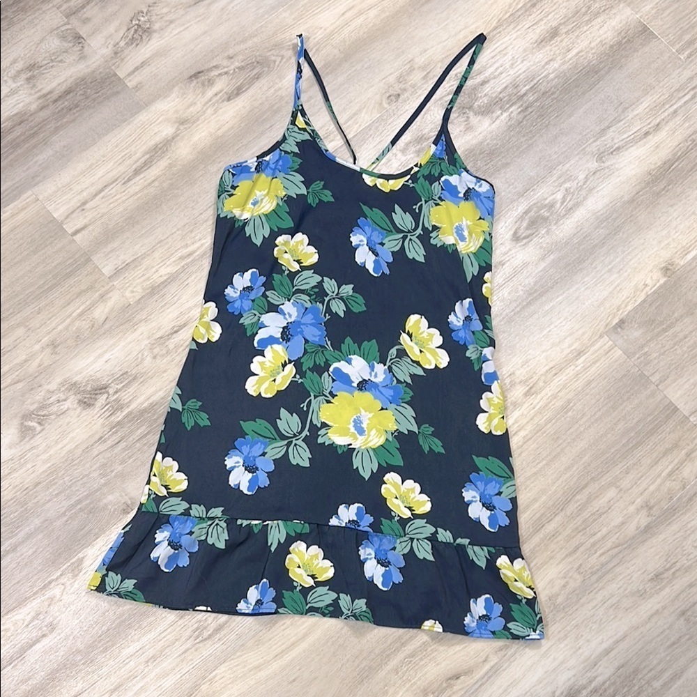 Aerie Blue Yellow Hawaiian Floral Print Slip Dress Adjustable Strap Sun Dress S